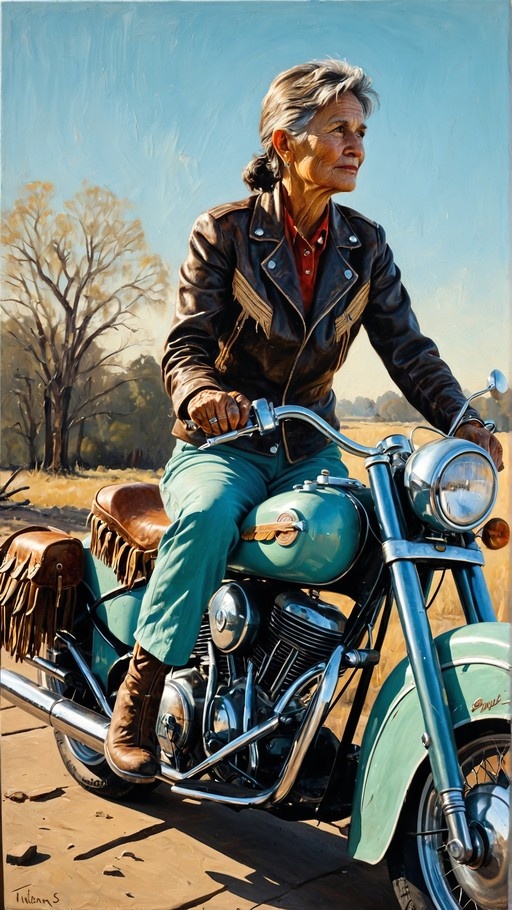 An elderly woman with grey hair sits on a vintage turquoise motorcycle wearing a brown leather jacket in an outdoor setting.
