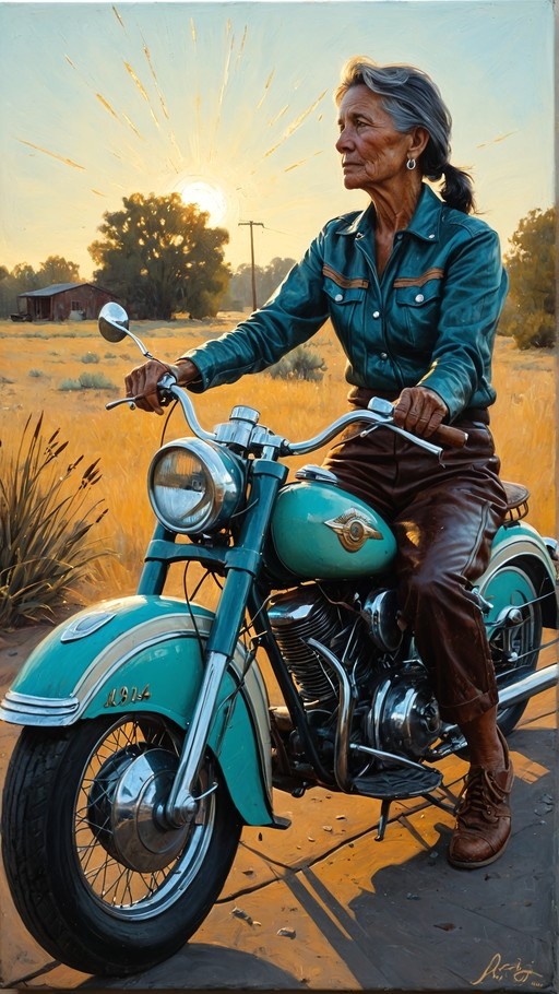 An older woman with grey hair rides a teal vintage motorcycle through a sunny field at sunset.