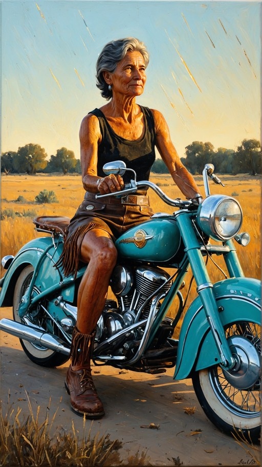 An elderly woman with grey hair sits on a vintage teal motorcycle in a field wearing a black tank top and brown leather shorts.