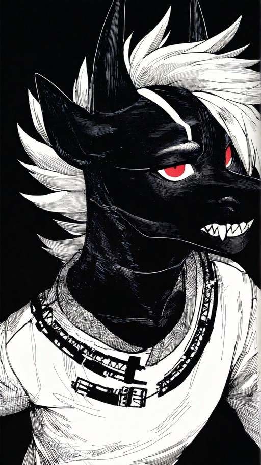 A high-contrast ink-style illustration of a black-furred anthropomorphic male with spiky white hair and glowing red eyes, showing sharp teeth and wearing a white shirt against a dark background.
