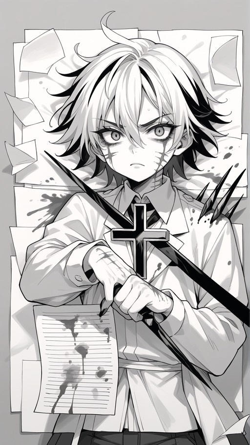 A monochrome illustration of Sinclair from Limbus Company holding a large cross and a stained piece of paper.