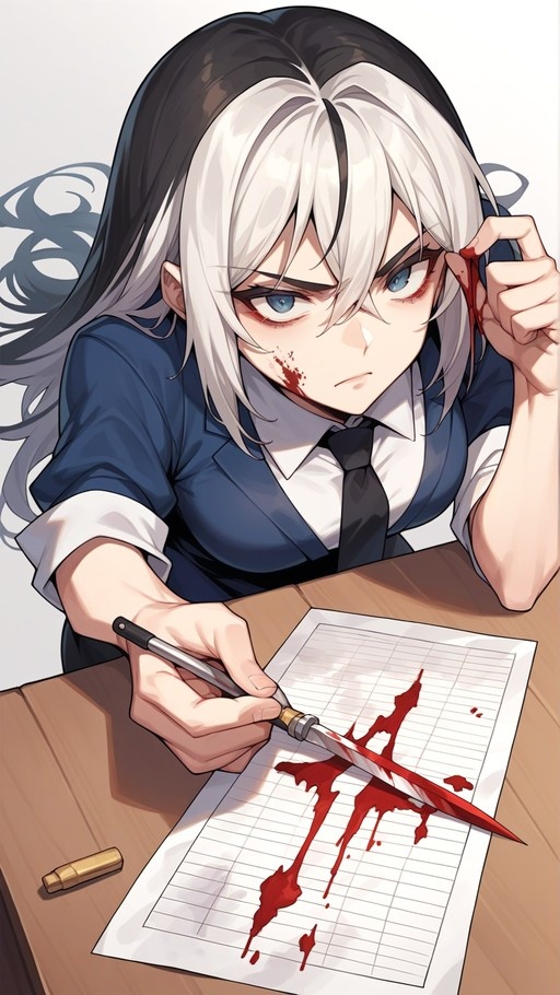 An anime girl with two-tone black and white hair and blue eyes in a school uniform looks intensely at the viewer. She has blood on her face, holds a pen, and a bloody knife rests on lined paper next to a bullet casing.