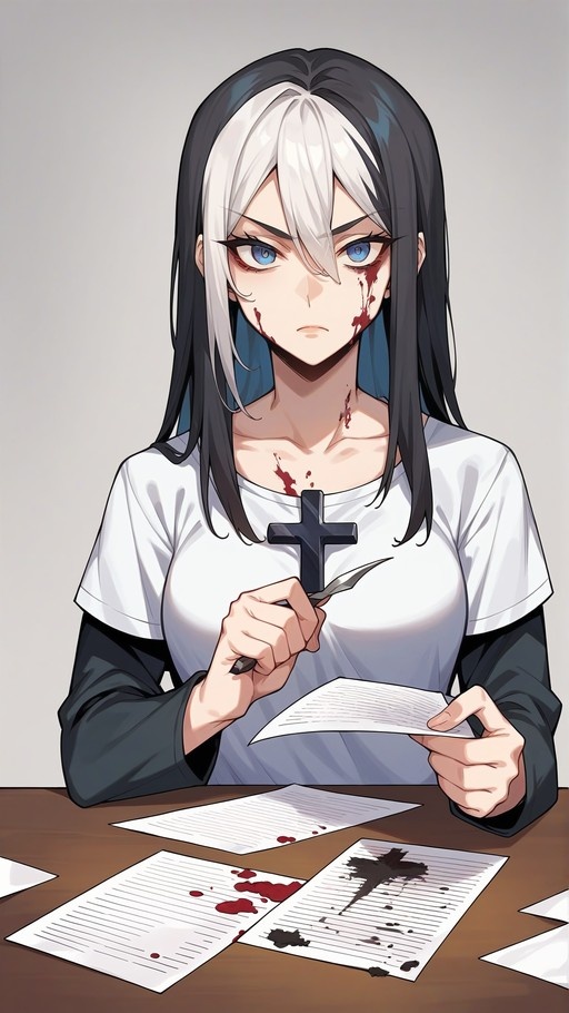 An anime-style illustration of a young woman with long black and white hair holding a large black cross and a knife while sitting at a table covered in papers with blood stains.