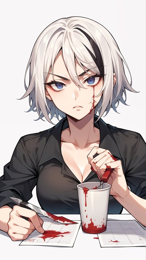 Anime-style portrait of a woman with short two-toned hair and blue eyes, wearing a black shirt, holding a bloody knife over papers while stirring a cup of red liquid.