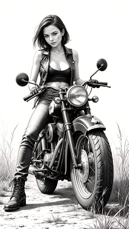 A monochrome illustration of a young woman with short hair sitting on a motorcycle in a grassy field, wearing a leather vest and crop top.