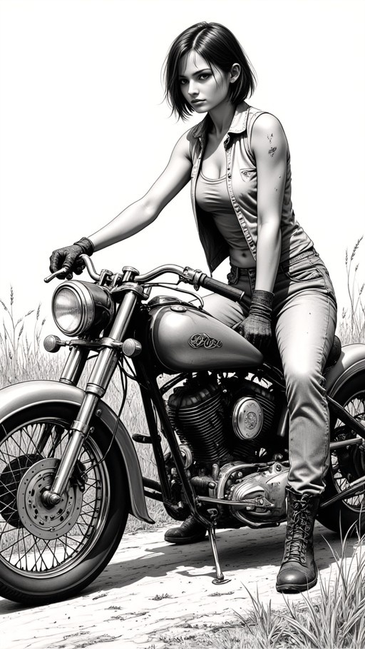 A black and white illustration of a woman with short hair sitting on a motorcycle in a grassy field.