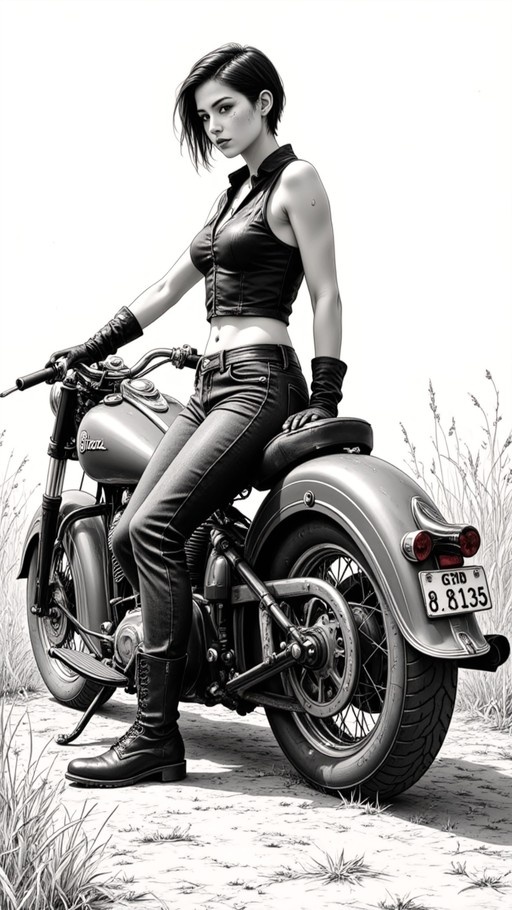 Monochrome illustration of a woman in a leather crop top and boots sitting on a vintage motorcycle with red taillights.