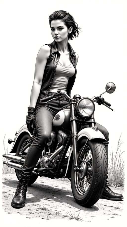 A greyscale image of a young woman with short dark hair sitting on a motorcycle, wearing a leather vest and boots.