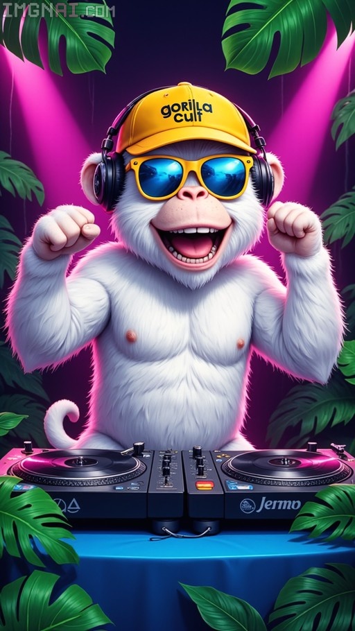 White furry gorilla wearing a yellow cap and sunglasses, DJing with turntables amidst tropical leaves and neon lights