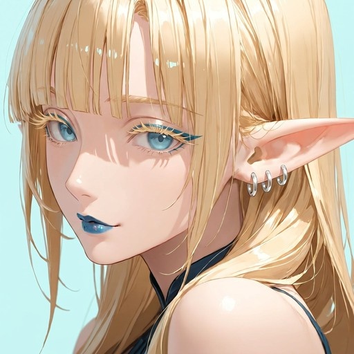Close-up digital illustration of a blonde elf girl with blue lips, blue eyes, and blonde eyelashes wearing silver hoop earrings.