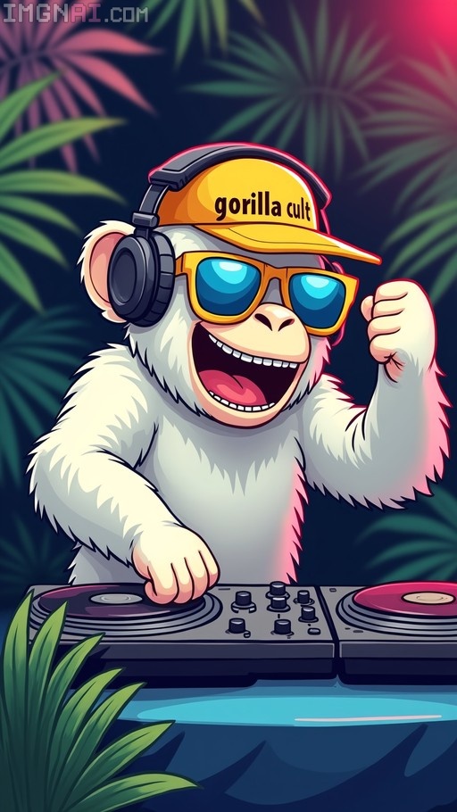 A cheerful white furry monkey wearing a yellow "gorilla cult" cap and sunglasses mixes music on turntables while pumping a fist against a tropical background.