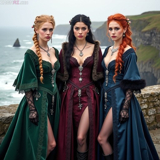Three women in elaborate green, maroon, and blue medieval dresses with silver jewelry standing on a stone wall overlooking the ocean.