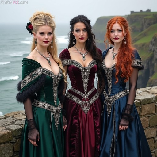 Three women in elaborate green, maroon, and blue velvet medieval dresses standing on a stone wall overlooking the ocean with cliffs in the background.