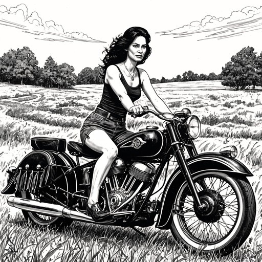 A black and white comic book style illustration of a woman with long dark hair sitting on a vintage motorcycle in a grassy field.