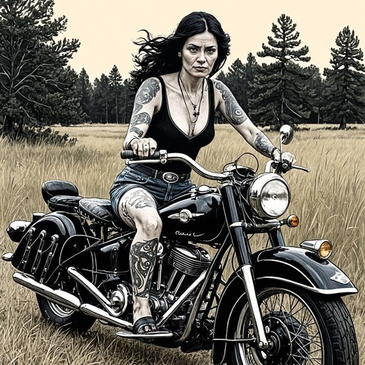 A tattooed woman with long dark hair sits on a black motorcycle in a grassy field with pine trees, wearing a black tank top and denim shorts.