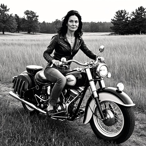 A black and white digital illustration of a woman in a leather jacket sitting on a motorcycle in a grassy field.