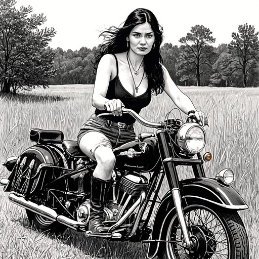 A monochrome illustration shows a woman with long dark hair sitting on a cruiser motorcycle in a grassy field, wearing denim shorts and boots while looking directly forward.
