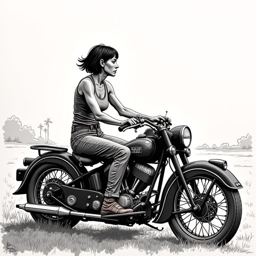 A black and white illustration of a woman with short hair sitting on a vintage motorcycle in a grassy field.