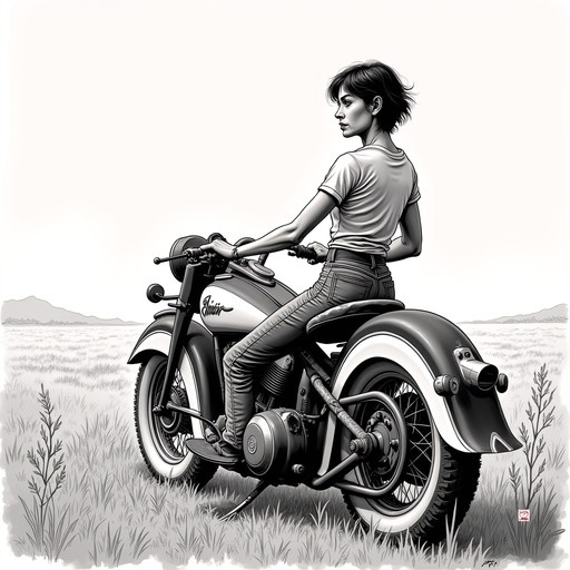 A grayscale digital illustration of a woman with short hair sitting on a vintage Indian motorcycle in a grassy field.