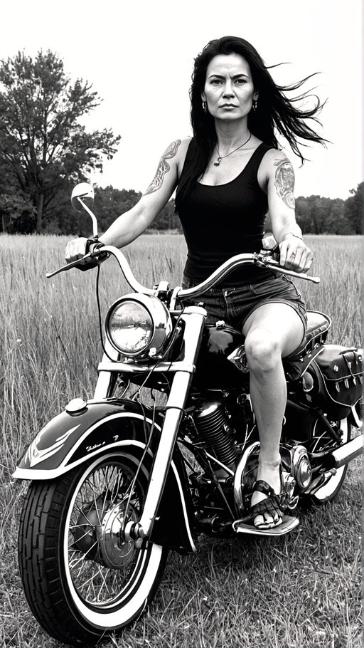 A black and white image of a tattooed woman with long dark hair sitting on a vintage motorcycle in a grassy field, wearing a tank top and denim shorts.