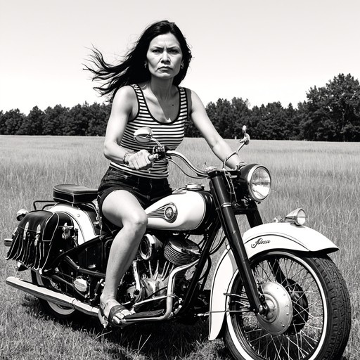 A black and white photo of an Asian woman in a striped tank top sitting on a vintage motorcycle in a grassy field.