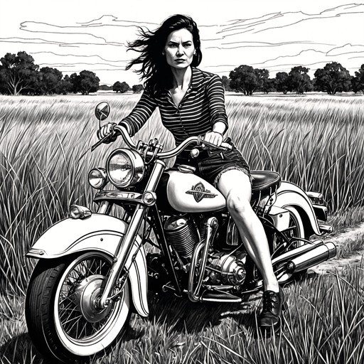 A black and white comic-style drawing of a woman in a striped shirt sitting on a motorcycle in a grassy field.
