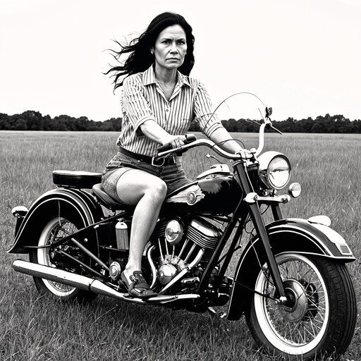 A black and white photograph of a woman with long dark hair sitting on a vintage motorcycle in a grassy field, wearing a striped shirt and shorts.