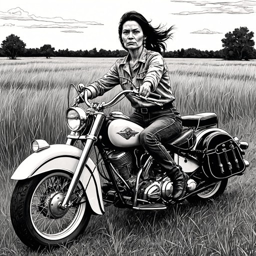 A black and white illustration of a woman with long dark hair wearing a leather jacket and riding a vintage motorcycle through a field of tall grass under a cloudy sky.