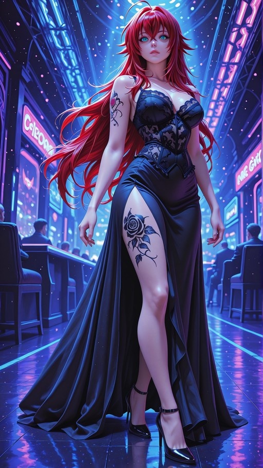 A full-body illustration of Rias Gremory from High School DxD wearing a black strapless evening gown with a high slit, revealing a large rose tattoo on her thigh, standing in a neon-lit casino.