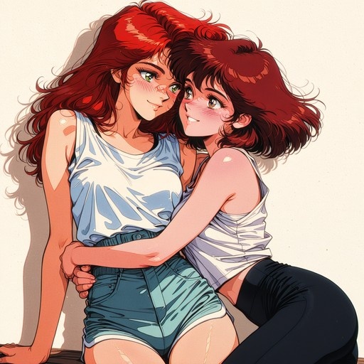 Two smiling anime girls with long red and shorter brown hair embracing in a warm hug, wearing casual white tank tops and shorts or pants, depicted in a vibrant retro 1980s animation style.