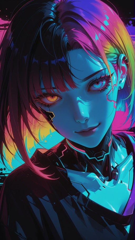 A close-up digital painting of a blue-skinned female cyborg with short pink and yellow hair, mismatched amber and pink eyes, and visible cybernetic facial implants wearing a high-tech black outfit under neon lighting.