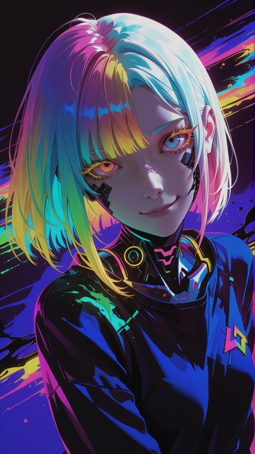 A vibrant digital illustration of a cyberpunk girl with short pink and blue hair, heterochromia, and neck implants against a neon background.