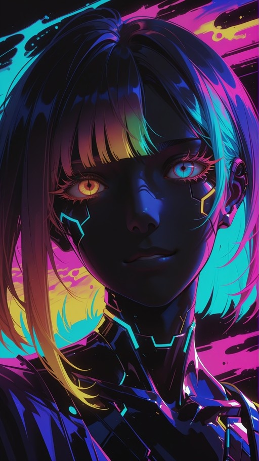 Close-up digital illustration of a cyberpunk woman with heterochromia, one orange eye and one blue eye, looking at the viewer while featuring mechanical face implants under neon lighting.