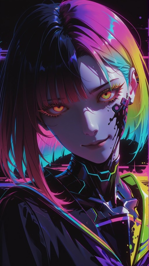 Close-up portrait of an anime-style cyborg girl with multicolored hair and glowing orange eyes, wearing a futuristic school uniform.