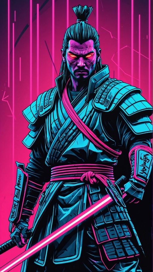 A digital illustration of a cyberpunk samurai warrior in blue armor holding a glowing pink energy katana, featuring intense orange eyes and a topknot hairstyle.