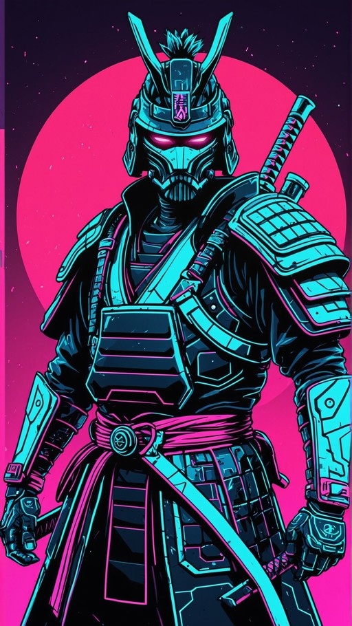 A cybernetic samurai in teal and pink armor stands before a large red moon, holding a katana with glowing red eyes visible through his helmet mask.