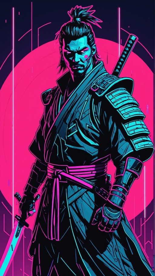A cyberpunk samurai with glowing purple eyes holds a katana, wearing layered armor against a neon pink background.