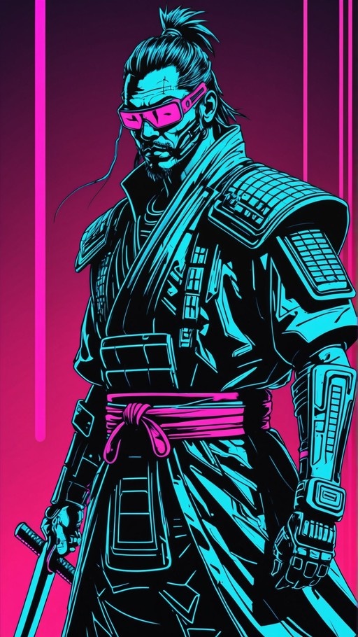 A stylized cyberpunk samurai in cyan and magenta tones wearing pink goggles and holding a sword against a gradient background.