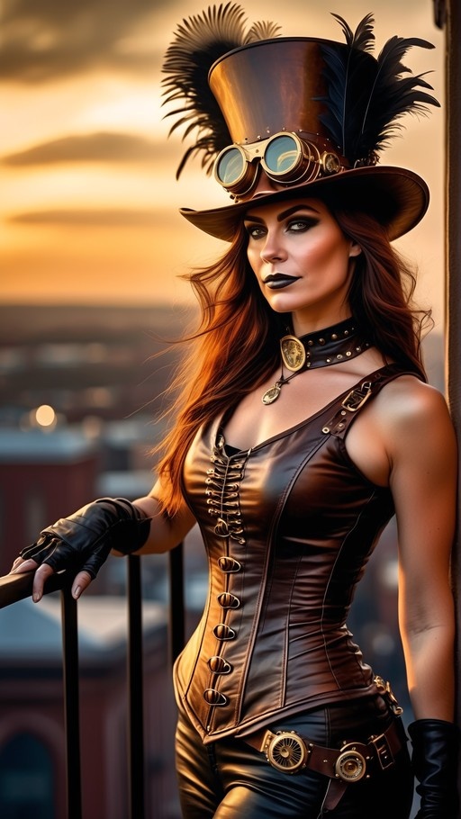 A steampunk woman with long brown hair wearing a feathered top hat and goggles, leaning on a railing against a sunset city backdrop.