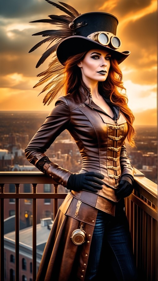 A steampunk woman with a facial scar stands on a balcony at sunset wearing a feathered top hat and brown leather jacket.