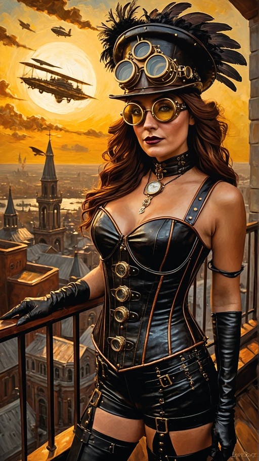 A woman in a black leather steampunk outfit with goggles and a feathered hat stands on a balcony overlooking a city with flying airships at sunset.