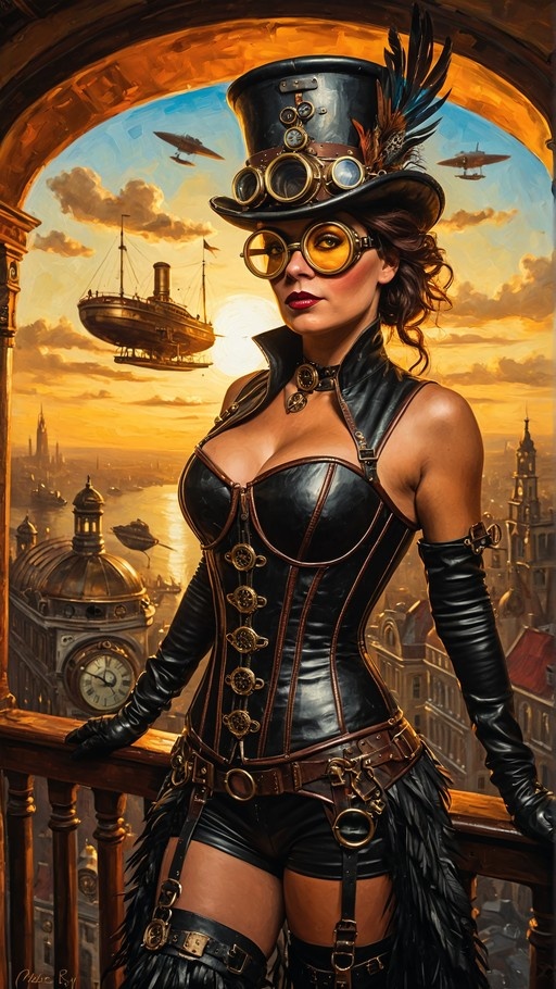A steampunk woman in a black leather corset and top hat with yellow goggles stands on a balcony as airships fly over a city at sunset.