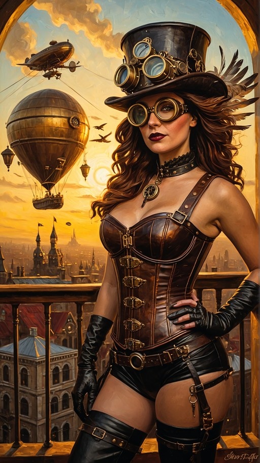 Steampunk woman in a brown leather corset and top hat with goggles standing on a balcony overlooking airships.