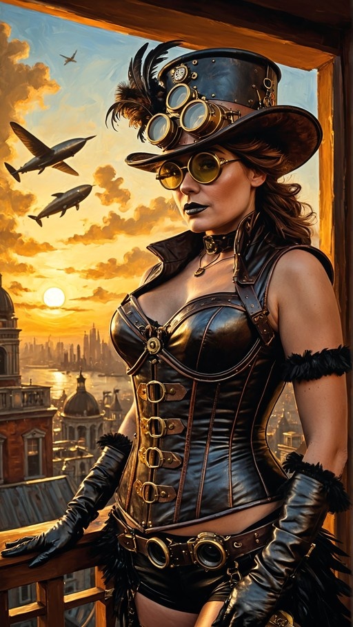 A steampunk-styled woman in a black leather corset and feathered hat stands on a balcony overlooking a city with flying airships at sunset.