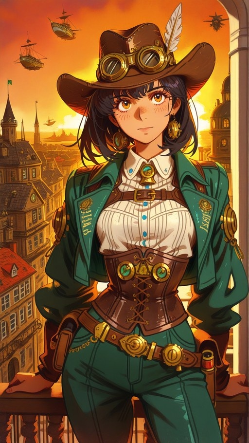 Anime-style woman in steampunk attire with goggles and a feathered hat stands on a balcony overlooking a city with flying ships at sunset.