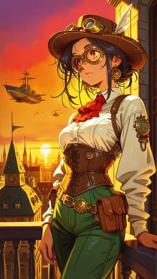 A steampunk woman with dark hair and red eyes stands on a balcony wearing goggles, a hat with a feather, a brown corset, and green pants, with an airship flying over a city at sunset in the background.