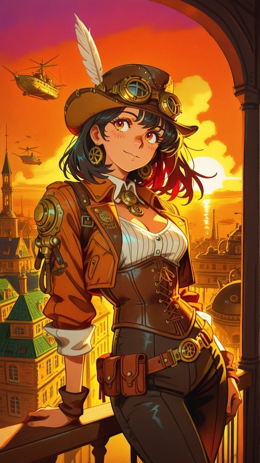 Steampunk girl with orange eyes and a feathered hat leaning on a railing with airships in the sunset sky