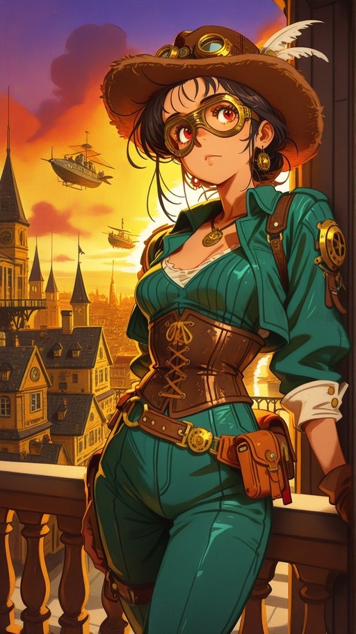 A dark-skinned steampunk aviator wearing goggles, a feathered hat, and a brown corset stands on a balcony overlooking a city with flying dirigibles at sunset.