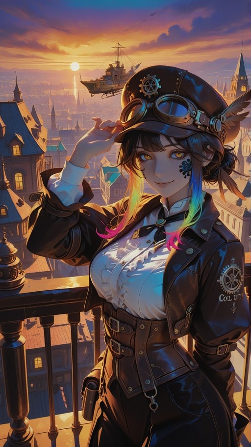 Anime-style woman in steampunk pilot gear with rainbow hair standing on a balcony overlooking a city at sunset.