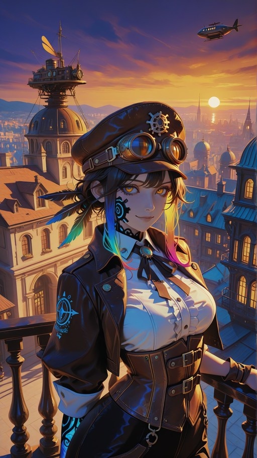 Anime-style illustration of a young woman wearing a leather pilot's cap with goggles, standing on a rooftop balcony overlooking a city at sunset with an airship in the sky.